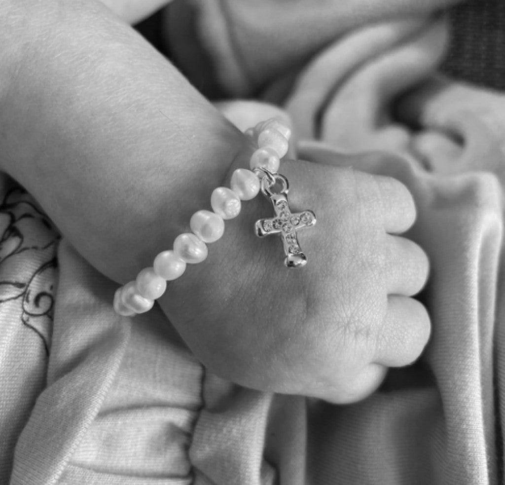 Newborn Baby to Bride Keepsake Pearl Bracelet with Cross Charm - Clothed  with Truth