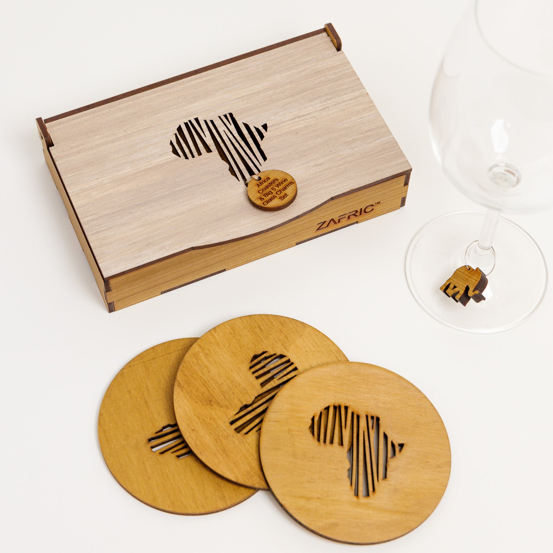 Africa Coasters and Big 5 Wine Glass Charms Gift Set