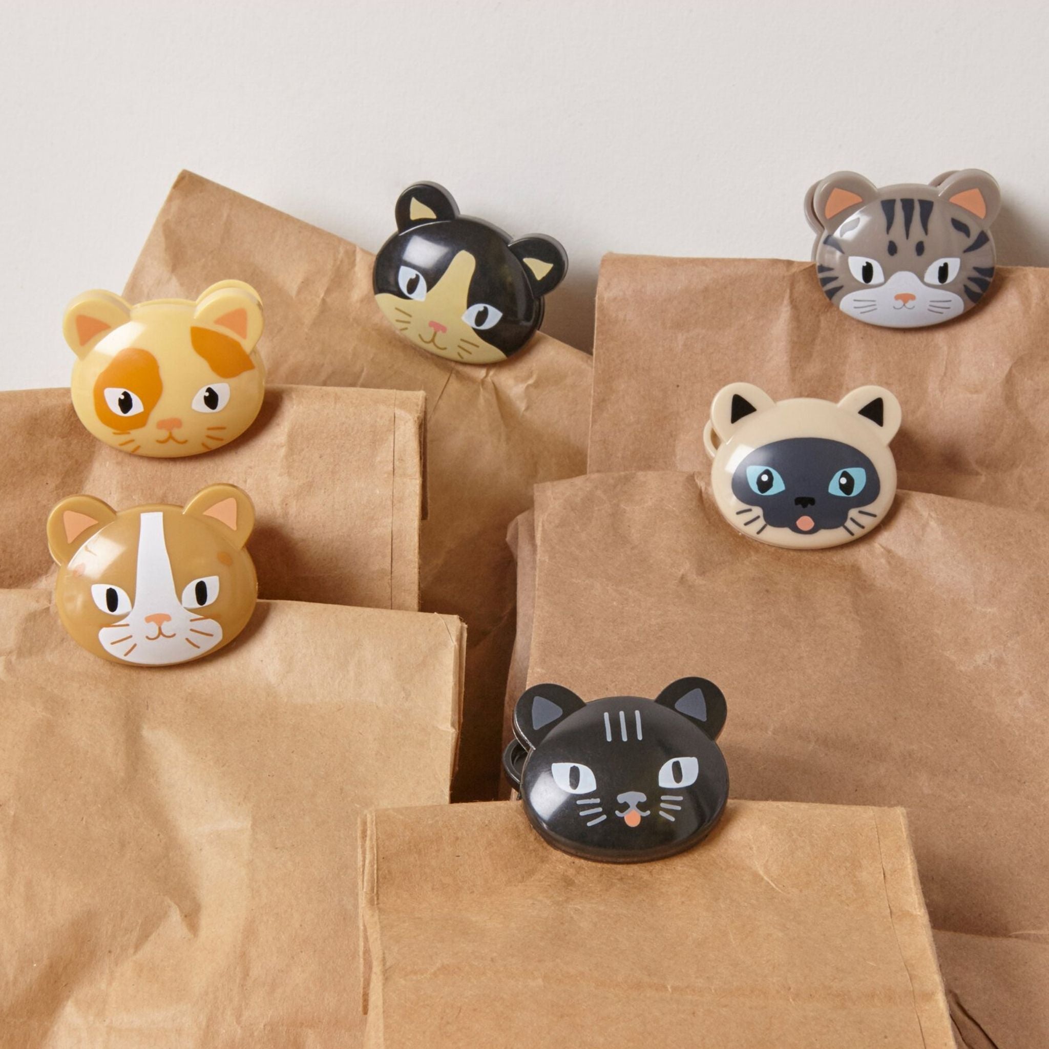 Set of six cat shaped bag clips with faces