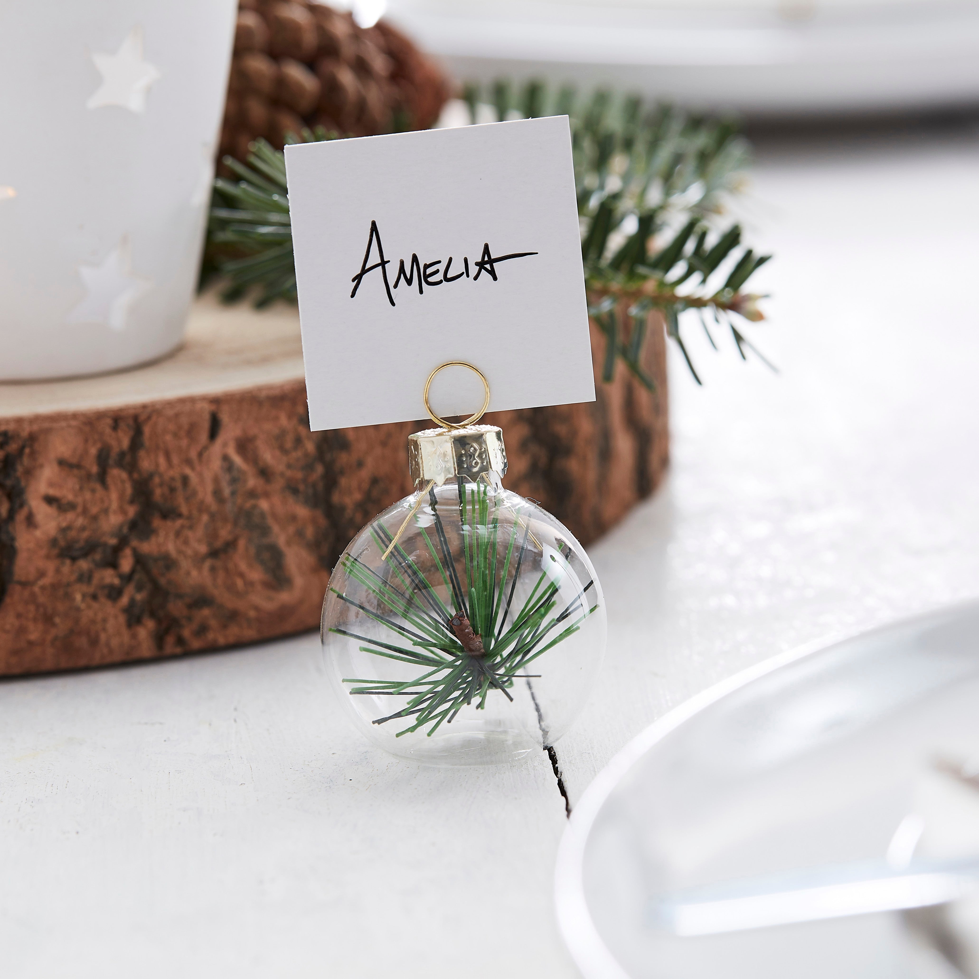 Glass Bauble with Pine Sprig Christmas Place Card Holder