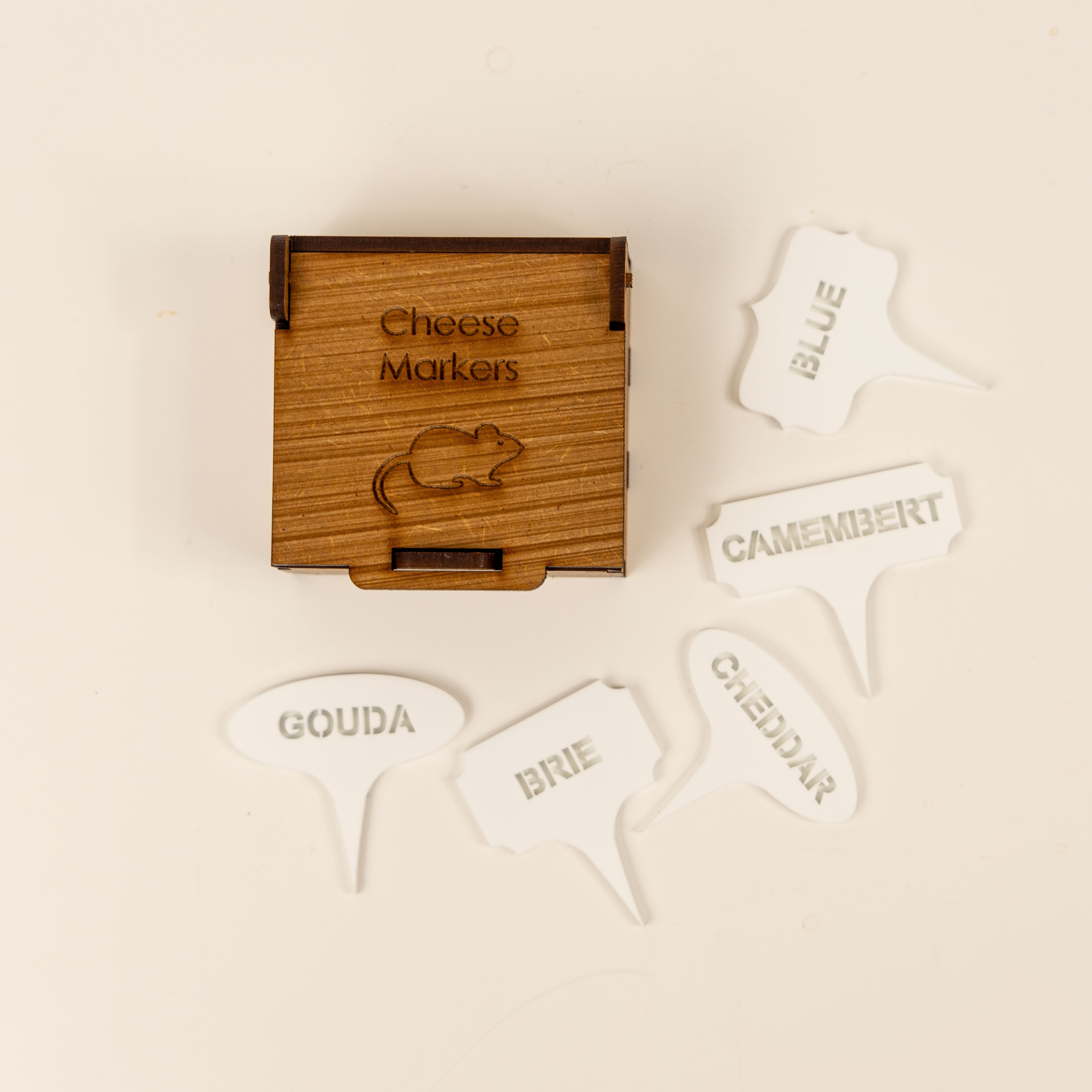 Set of 5 Cheese Markers in a Wooden Box
